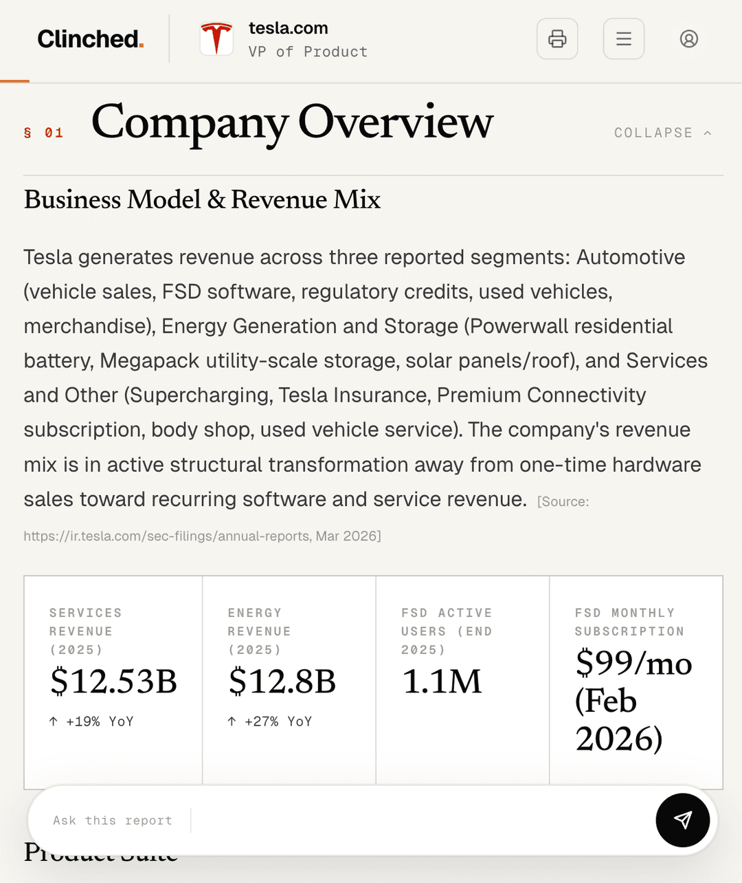 Sample Clinched Intel Report — Tesla, Program Manager Service Operations
